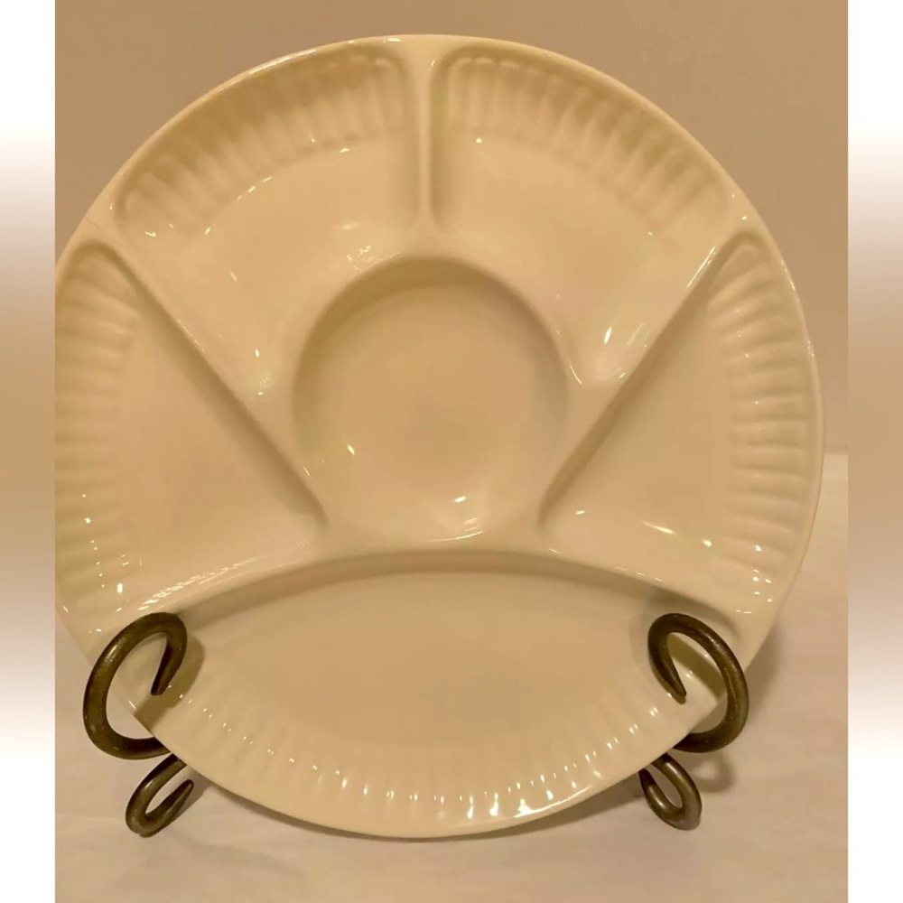Vintage 1960’s California Pottery USA 9” Diameter White Divided Fondue Plate